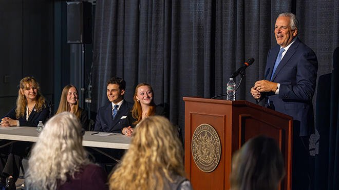 Rhode Island Attorney General Peter Neronha speaks with RWU students.
