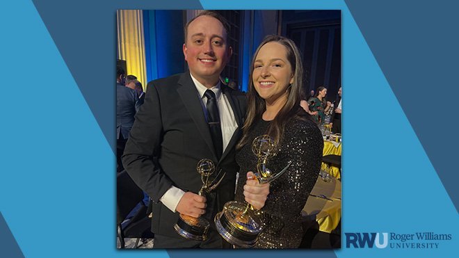 Photo of Britney Dixon and her co-worker holding Emmy trophies.
