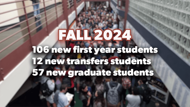 A photo of students gathering in the Atrium with statistics of student enrollment