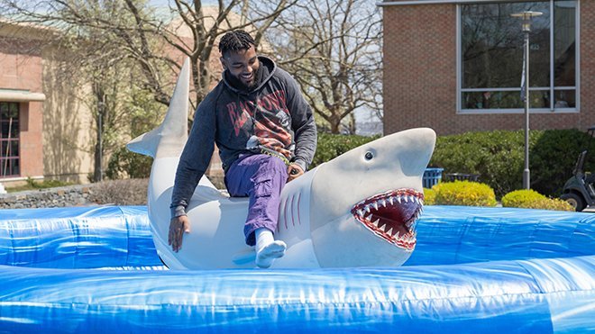 A student tries not to fall off a mechanical shark ride at a Spring Week event. 