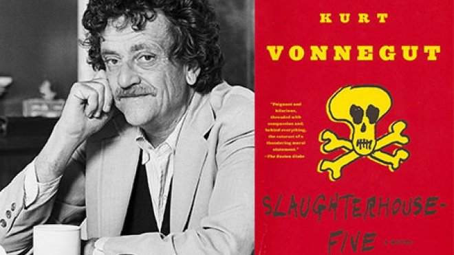 Kurt Vonnegut and the cover of Slaughterhouse-Five.
