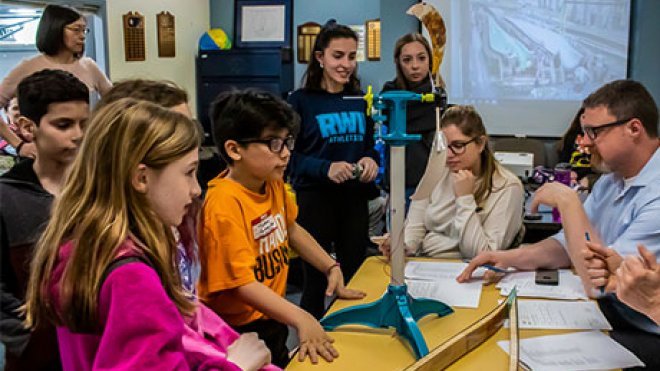 Fourth-graders from Bristol-Warren School District learn about engineering design and wind turbine energy at RWU.