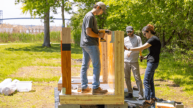 Mass timber mockups being installed along Shell Path