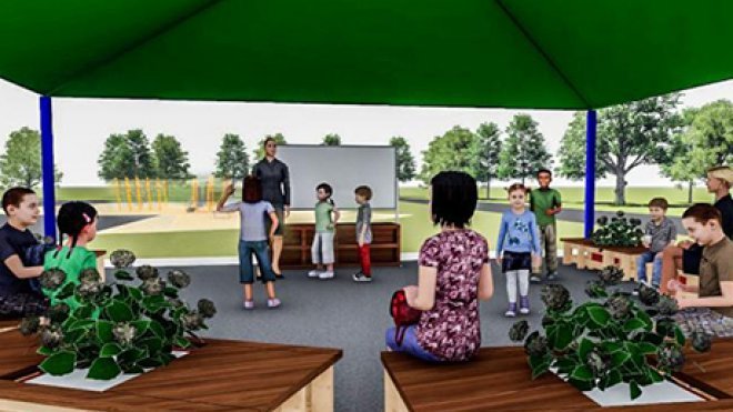 A digital rendering of an outdoor classroom