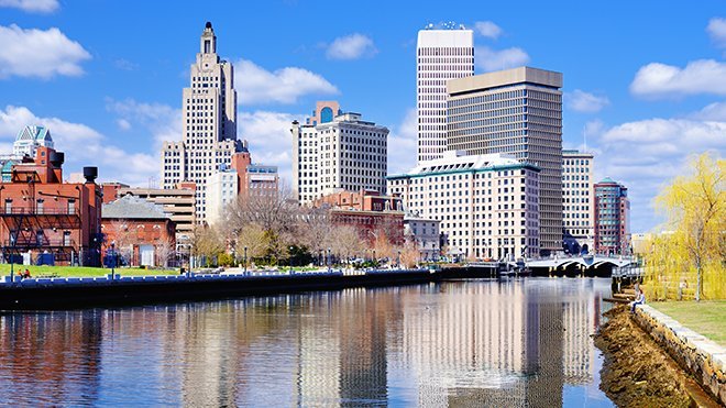 View of Providence buildings and river.