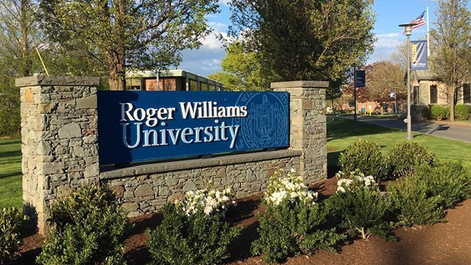 The entrance sign to Roger Williams University 