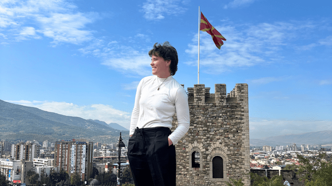 Zoey Cormican ’25 stands at the Skopje Fortress in North Macedonia.