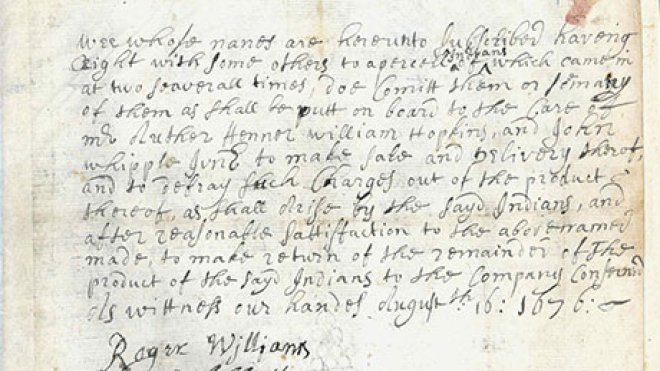 Historic letter by Roger Williams