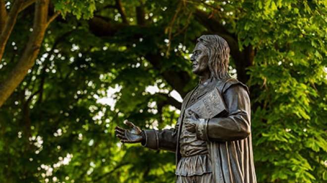 Statue of the RWU's namesake, Roger Williams, on the Bristol campus.