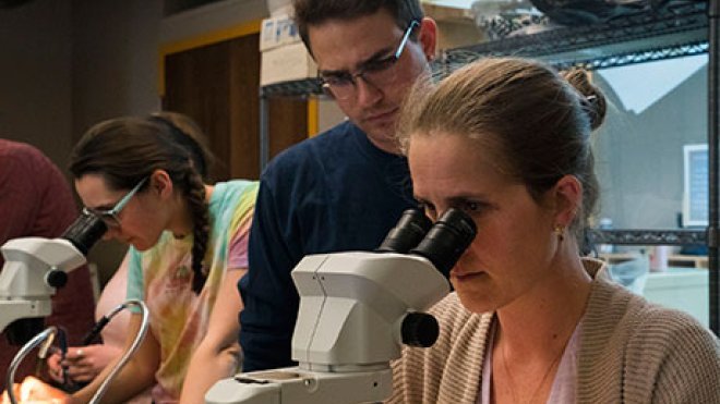 Professor works with students on coral research.