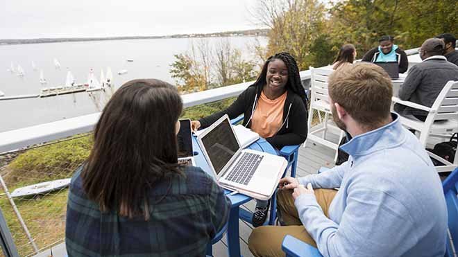 Students take a study break on RWU's waterfront campus.