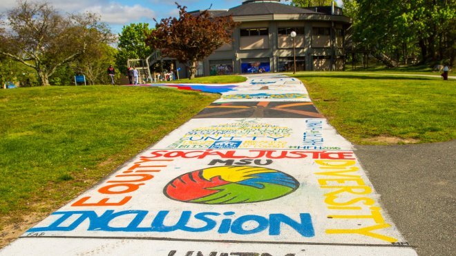 Messages painted by students on the Unity Walkway on the Bristol campus