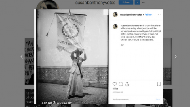 Screen shot of Susan B. Anthony Instagram post.