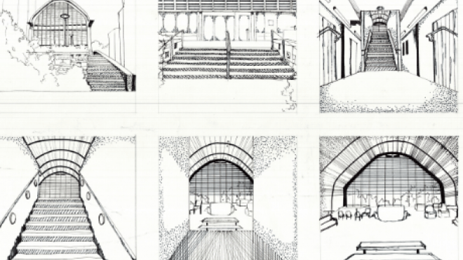 Student sketches of building entryways. 