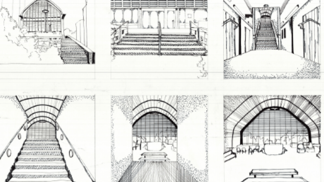 Student sketches of building entryways. 