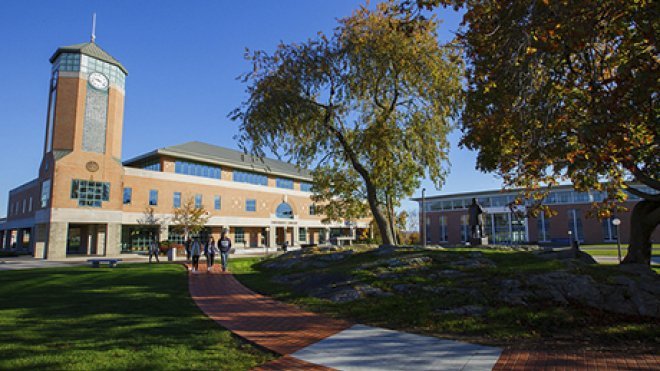 A view of the RWU library and quad.