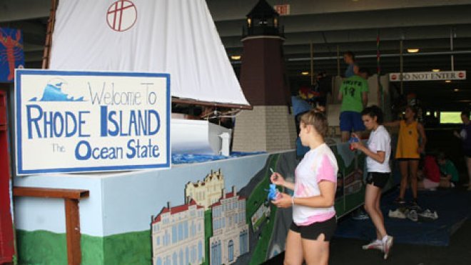 Students work on parade float