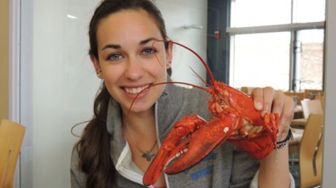 Student holds up a boiled lobster