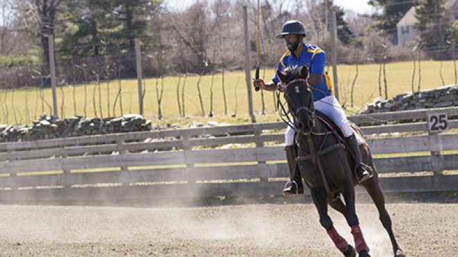 A polo player rides a horse around the field.