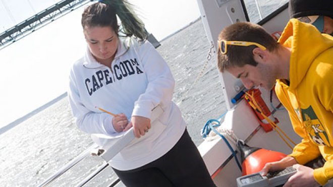 Students conduct water depth experiments onboard the research vessel.
