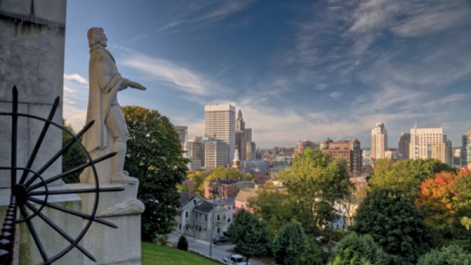 Statue of Roger Williams overlooking the Providence skyline.