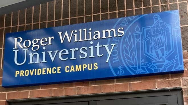 image of RWU sign at entrance to University College on the Providence Campus