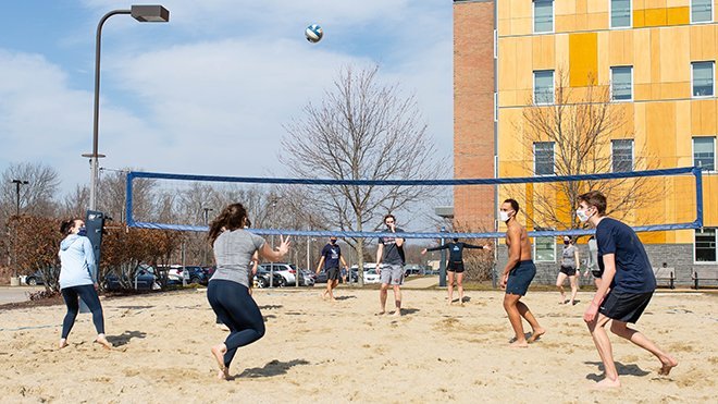 image of RWU students playing beach volleyball during Study Break Day last week