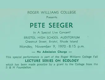 Ticket for 1971 Pete Seeger Concert in Bristol, RI