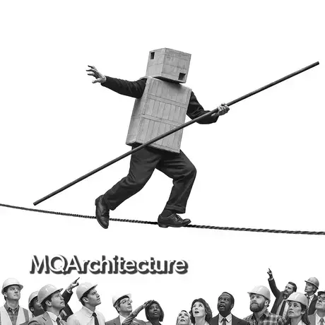 MQ Architecture's image of a man wearing a concrete box on his head and body while balancing on a tight rope