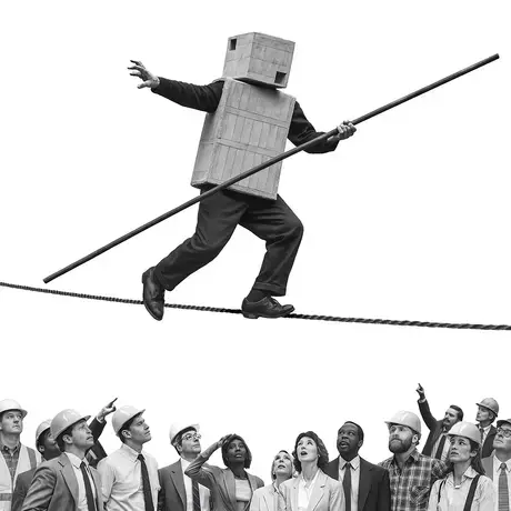 A man in a boxed helmut and armor balancing on a tight rope