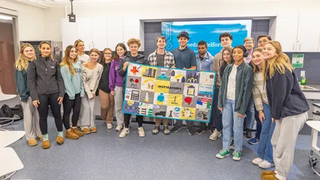 First-year students celebrate a semester of research, storytelling, and design in Professor Janet Baldwin’s seminar.