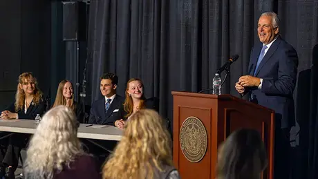 Rhode Island Attorney General Peter Neronha speaks with RWU students.