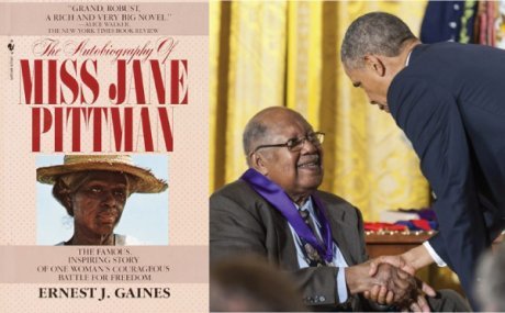 A rendering of the book cover and author Ernest Gaines receiving congratulations from President Obama.