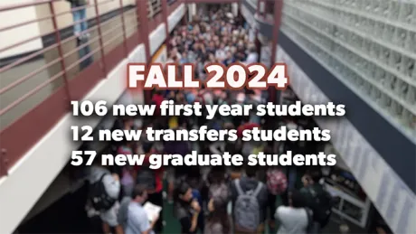 A photo of students gathering in the Atrium with statistics of student enrollment