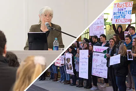 Diagonal shot of speaker and students
