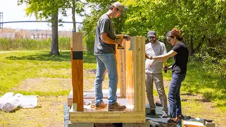 Mass timber mockups being installed along Shell Path