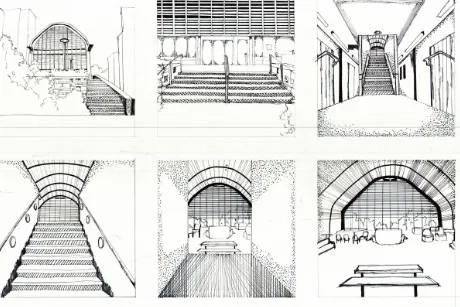 Student sketches of building entryways.
