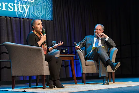 Beverly Daniel Tatum and Andrew Workman in conversation during the presentation.