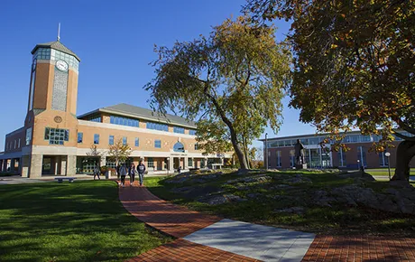 A view of the RWU library and quad.