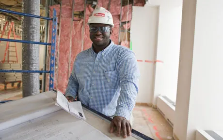 Student working inside construction site