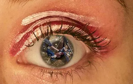 A collage of refugees within the pupil of an eye.