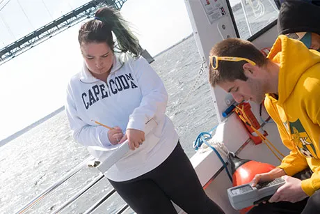 Students conduct water depth experiments onboard the research vessel.