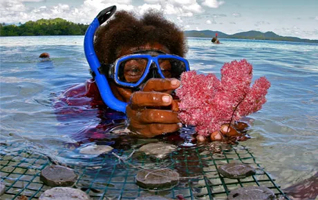 Scuba diver surfaces with coral