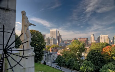 Statue of Roger Williams overlooking the Providence skyline.