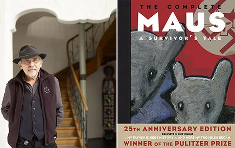 The author is pictured alongside the cover of his most famous novel.