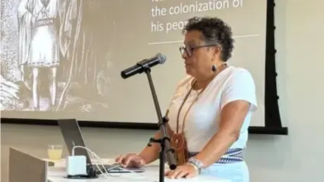 Paula Peters speaks at the opening event of the fall Talking in the Library series.