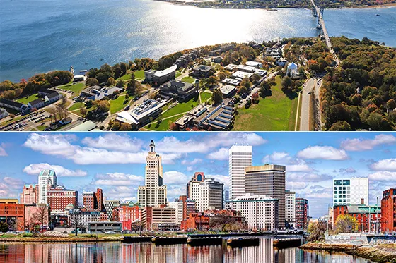 a composite image featuring the water view from RWU's Bristol campus and the Providence skyline where our Providence campus is located