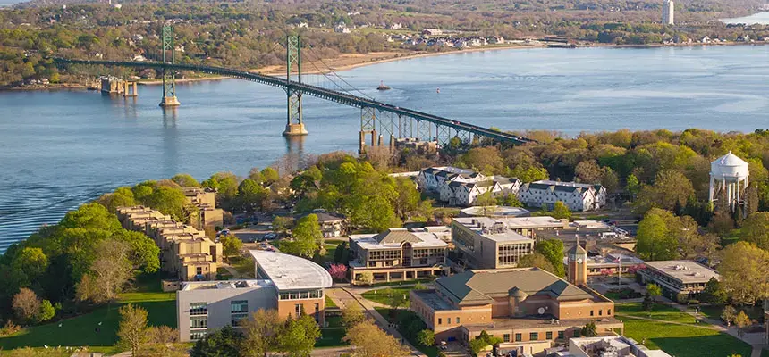 Aerial view of RWU Bristol campus on Mount Hope Bay