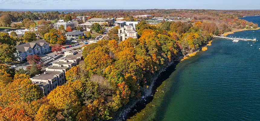 Aerial view of RWU Bristol campus on Mount Hope Bay