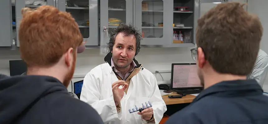 Students working with professor